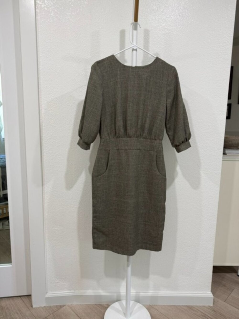 Gray Plaid Sheath Dress, Elbow Sleeve Career Office dress with Pockets